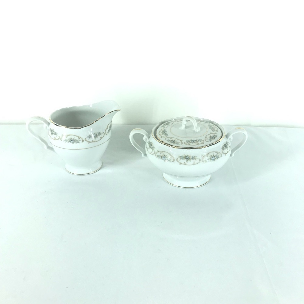 Vintage Blue and White Floral China Creamer and Sugar Bowl Set